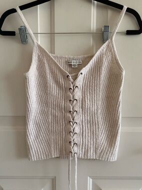 American Eagle Outfitters Cream Ribbed Lace-Up Knit Cami